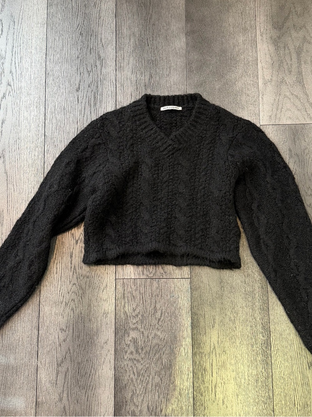 Our Legacy Black V-Neck Cable Knit Cropped Sweater
